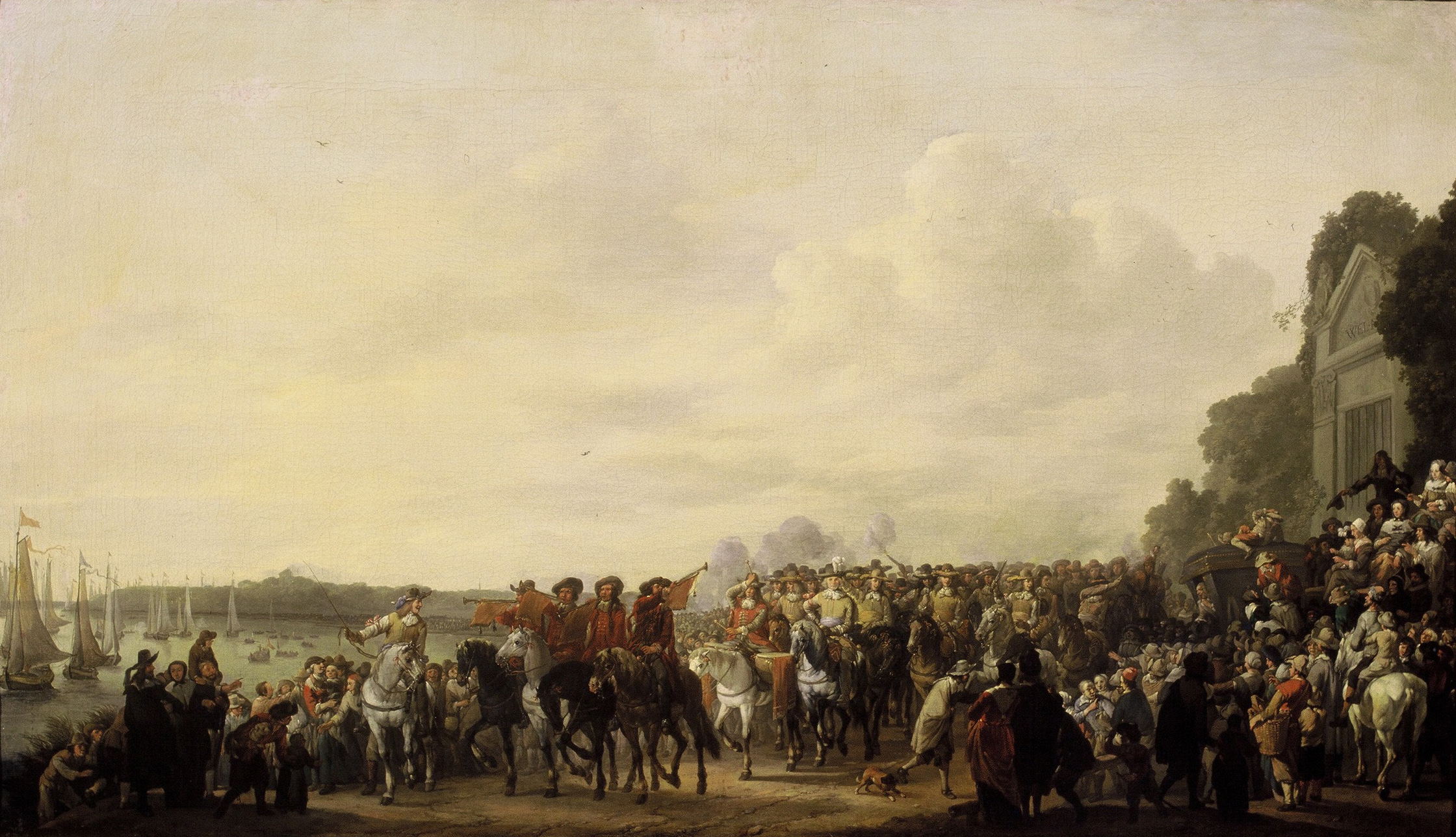 Johannes Lingelbach, Het halthouden van Karel II (1630-1685) bij de buitenplaats Wema aan de Rotte tijdens zijn tocht van Rotterdam naar Den Haag, 25 mei 1660