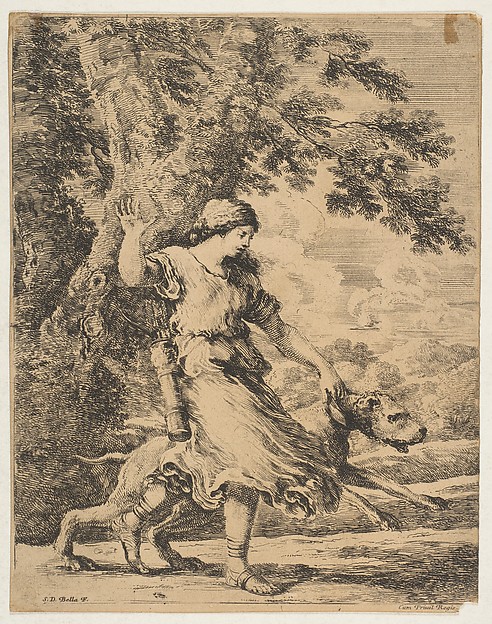 Stefano della Bella, A Nymph Holding a Large Dog by its Collar