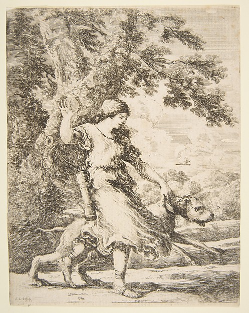 Stefano della Bella, Nymph Holding a Large Dog by the Collar