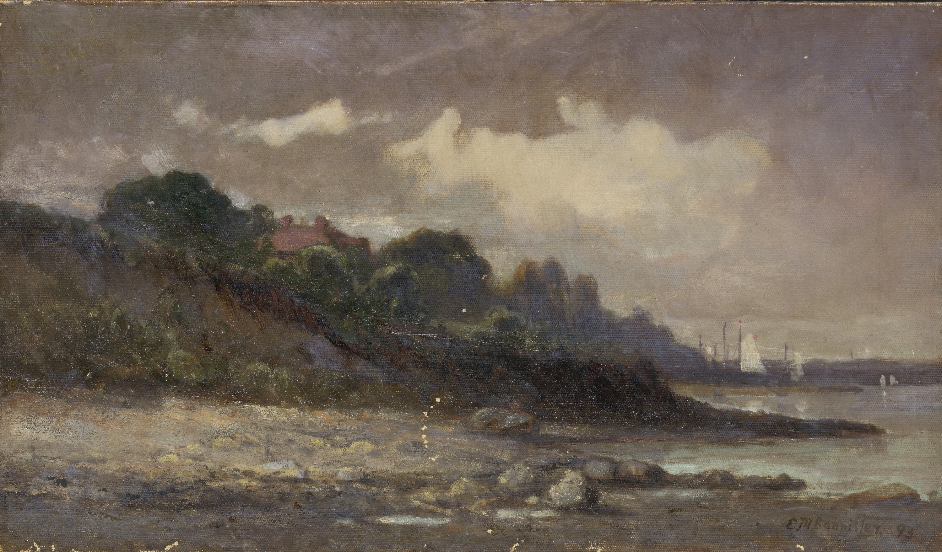 Edward Mitchell Bannister, Untitled (shoreline with sailboats and roof)