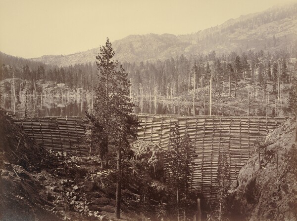 Carleton Watkins, [Rudyard (English) Reservoir. Central Dam 114 feet high; Timber Crib and Stone Filling]