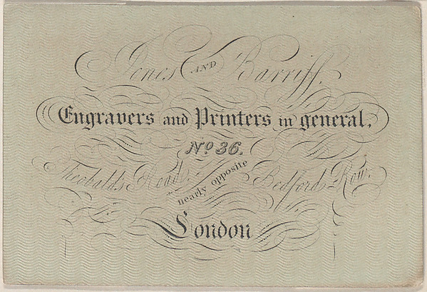 Anonymous, British, 19th century, Trade Card for Jones and Barriff, Engravers and Printers