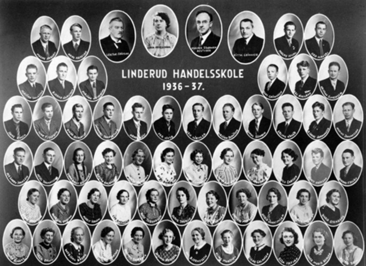 Anno Domkirkeodden, LINDERUDS HANDELSSKOLE 1936-1937. ELEVER OG LÆRERE M/NAVN.