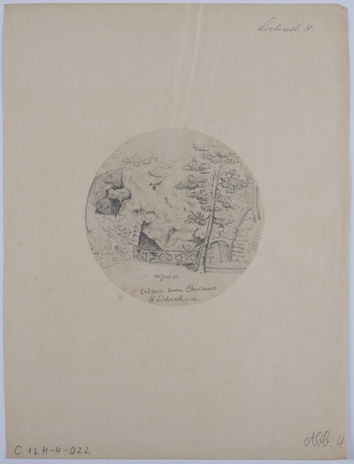 Rudolf Lutter, Liebenstein (Bad Liebenstein, Thüringen): Eiskeller im Kurpark (Rückseite: Sitzende Frau vor weiter Waldlandschaft)