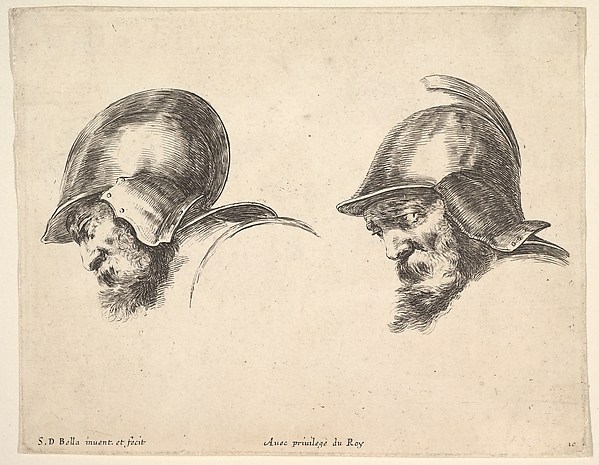 Stefano della Bella, Two heads of old soldiers wearing helmets, both facing left and looking downwards, plate 10 from "The Principles of Design" (I principii del disegno)