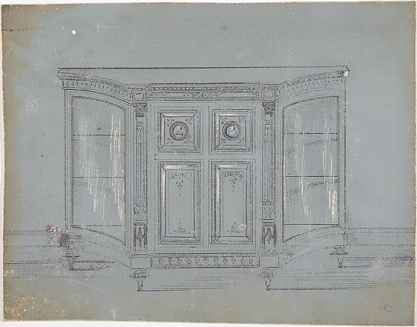 Anonymous, British, 19th century, Design for a Cabinet with Glass Side Doors and Porcelain Plaques