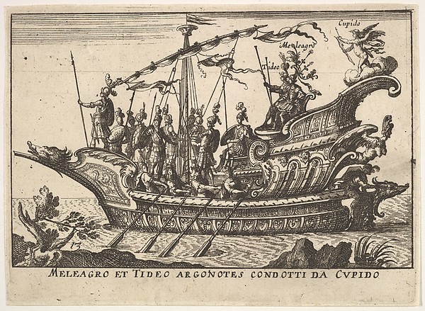 Anonymous, Plate 13: Argonauts Meleager and Tydeus led by Cupid (Meleagro et Tideo Argonotes condotti da Cupido), from "The magnificent pageant on the river Arno in Florence for the marriage of the Grand Duke" (Le Magnifique carousel fait sur le fleuve de l'Arne a Florence, pour le mariage du Grand Duc)