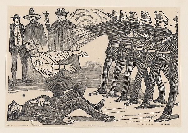 José Guadalupe Posada, A firing squad executing two men, a priest and other figures in the background