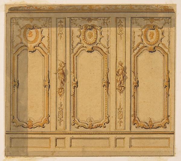Jules-Edmond-Charles Lachaise, Elevation of an interior showing a wall decorated in ornate panels and mounted statuettes