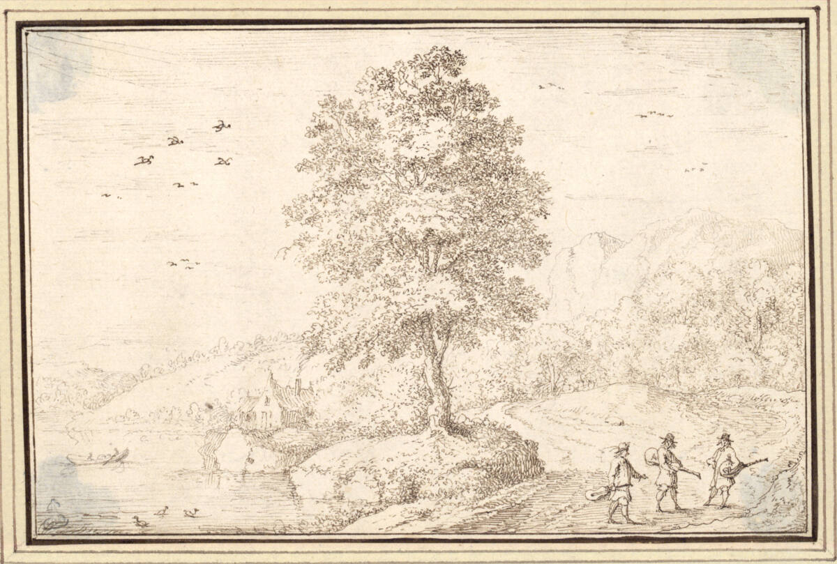 AlbertFlamen, Landschaft mit hohem Baum und drei Musikanten (I-2)