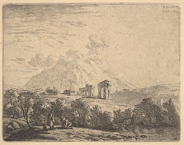 Karel Dujardin, View of hillside with ruins (an aqueduct?) and mountain crag beyond, in the foreground a man kneels on the grass beside a standing man and a dog