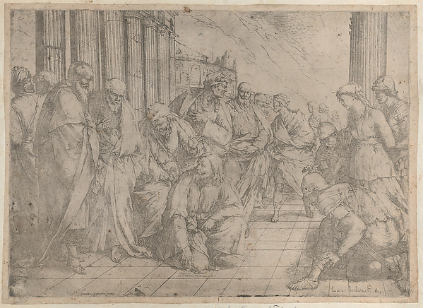 Luca Giordano, Christ kneels and writes on the pavement at center, while the woman taken in adultery stands between three soldiers at right