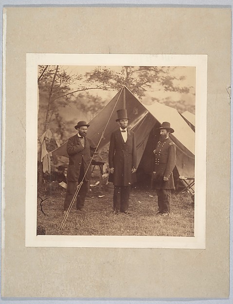 Alexander Gardner, [President Abraham Lincoln, Major General John A. McClernand (right), and E. J. Allen (Allan Pinkerton, left), Chief of the Secret Service of the United States, at Secret Service Department, Headquarters Army of the Potomac, near  Antietam, Maryland]