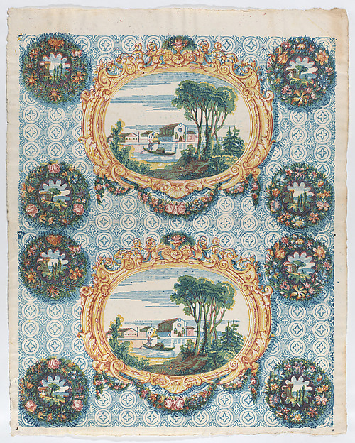 Anonymous, Sheet with two borders with landscapes within frames and wreaths
