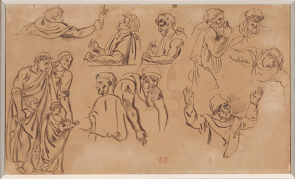 Eugène Delacroix, Study of Thirteen Figures from the Antique (recto); Study of a Family, traced from the recto (verso)