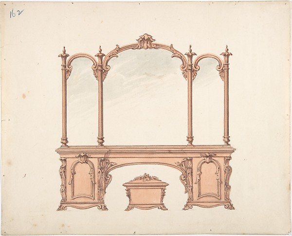 Anonymous, British, 19th century, Design for a Mirrored Sideboard with Rococo Ornament, and Casket