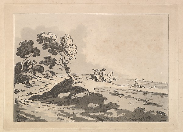 Thomas Rowlandson, Open Landscape with Three Horsemen in the Middle Distance Heading to the Right, Windblown Trees at Left