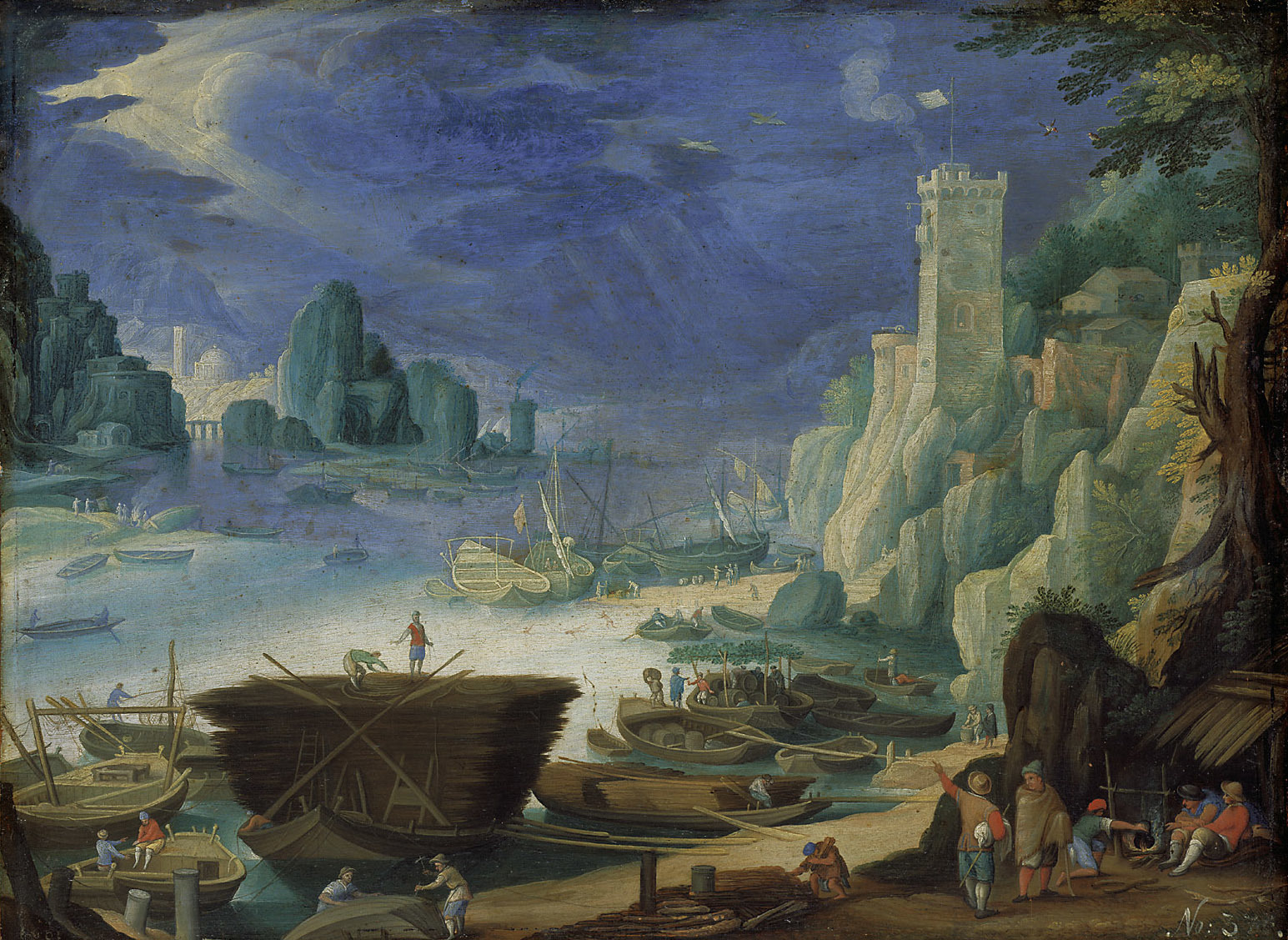 Paul Bril, Nachtelijk gezicht op een haven met vuurtoren