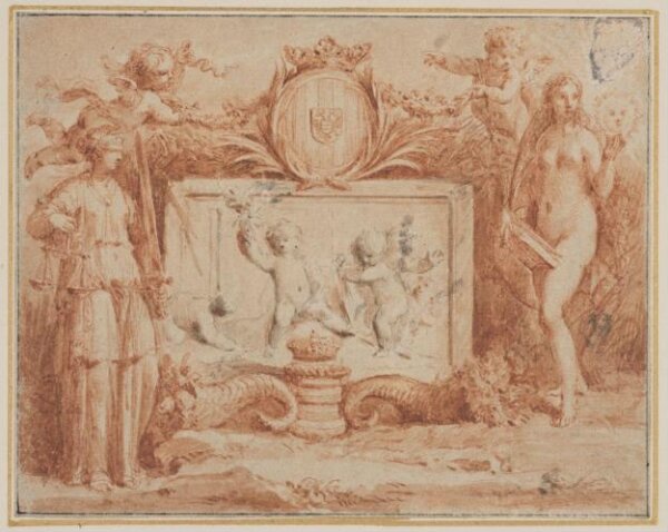 Jacob de Wit, Design for a wall decoration (?), with the arms of Groningen, a faux stucco grisaille and allegorical figures of Truth and Justice