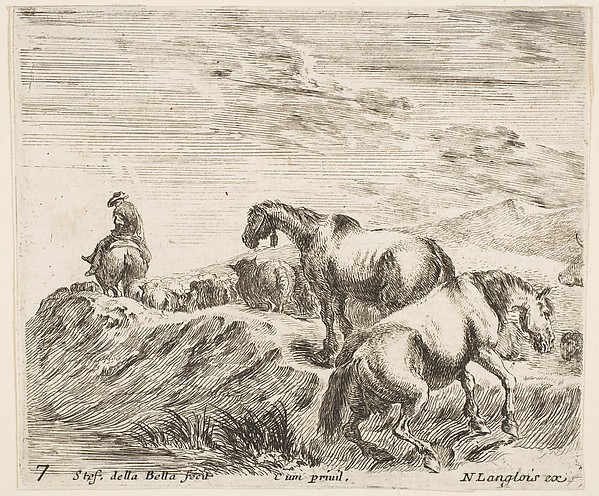 Stefano della Bella, Two horses ascending the bank of a river at right, following a procession of horses and one horseman to the left, plate 7 from "Diversi capricci"