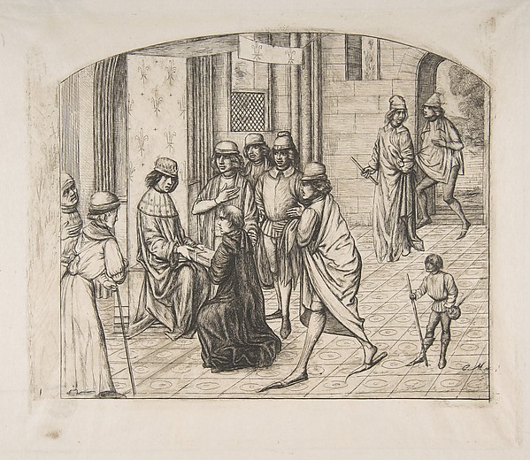 Charles Meryon, The printer Valère Maxime being presented to King Louis XI, after an earlier miniature