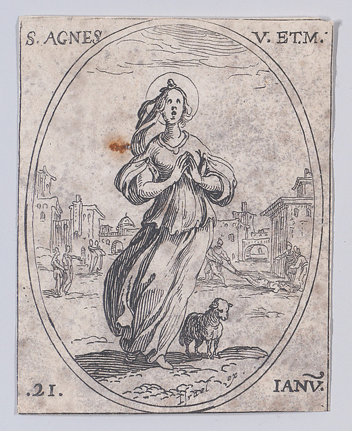 Jacques Callot, Ste. Agnés, vierge et martyre (St. Agnes, Virgin and Martyr), January 21st, from "Les Images De Tous Les Saincts et Saintes de L'Année" (Images of All of the Saints and Feast Days of the Year)