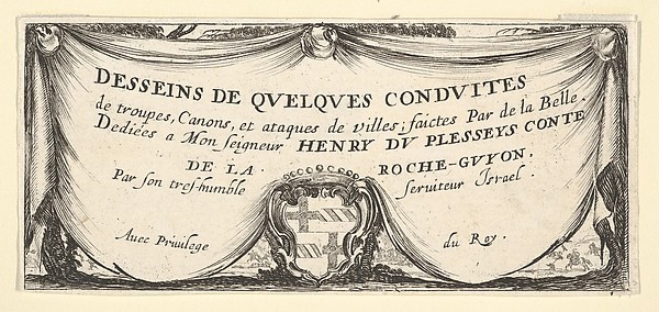 Stefano della Bella, Plate 1: a coat of arms at bottom center surrounded by a draped curtain, title page for "Troops, cannons, and attacks on towns" (Dessins de quelques conduites de troupes, canons, et ataques de villes)