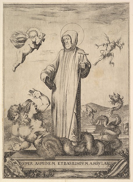Stefano della Bella, Saint Jean Gualbert trampling a monster with two human heads and a serpentine body, from "Frontispiece and four scenes from the life of Saint John Gualbert" (Frontispice et quatre vignettes pour une vie de Saint Jean Gualbert)