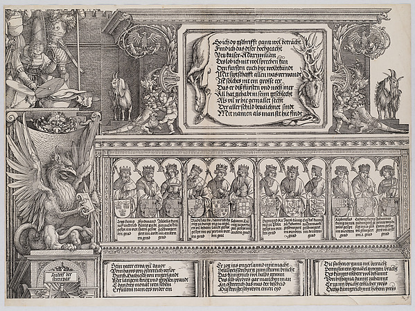 Albrecht Dürer, The Upper Section of the Right Portal, with the Inscription on a Stag Skin; a Frieze with Busts of Roman Emperors; and the Entablature of the Columns, from the Arch of Honor, proof, dated 1515, printed 1517-18