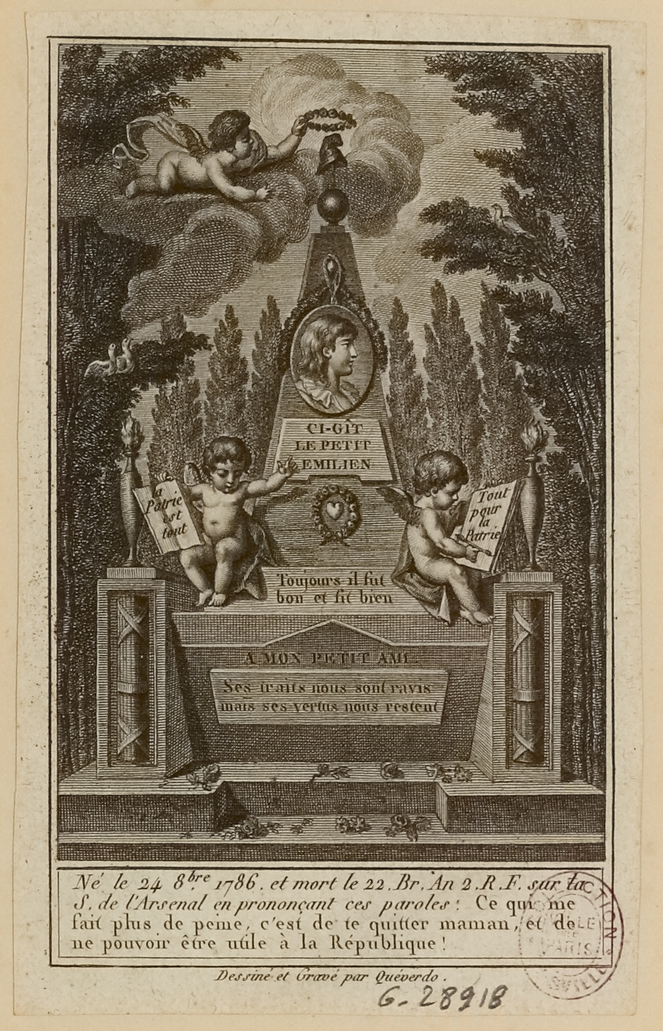 François Marie Isidore Queverdo, Ci-Gît/le petit/ Emilien//(...)Né le 24 8bre, 1786, et le mort le 22 Br. An 2. R.F. sur la S. de l'Arsenal (...)