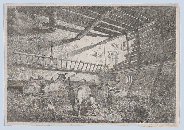 Anonymous, French, 19th century, Interior of a Barn with Milkmaid