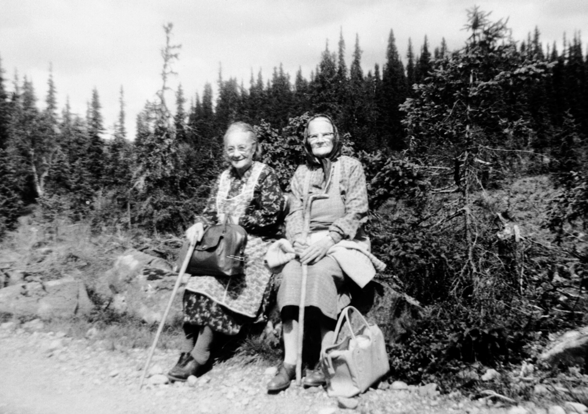 Anno Domkirkeodden, 2 eldre damer tar pause i vegkanten, Gammelskolla seter, Ringsakerfjellet. Bergine Kjellsmoen, Magnhild Eliassen.