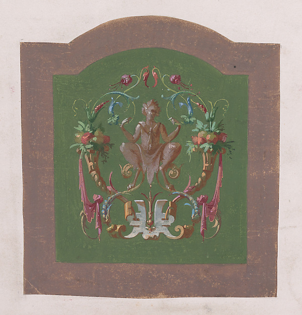 Anonymous, French, 19th century, Design for a Chair Back Cover with a Squatting Half-Human Grotesque Figure Inside an Ornamental Frame Made of Two Cornucopias Holding Bundles of Leaves and Fruits and Scrolls of Leaves and Flowers