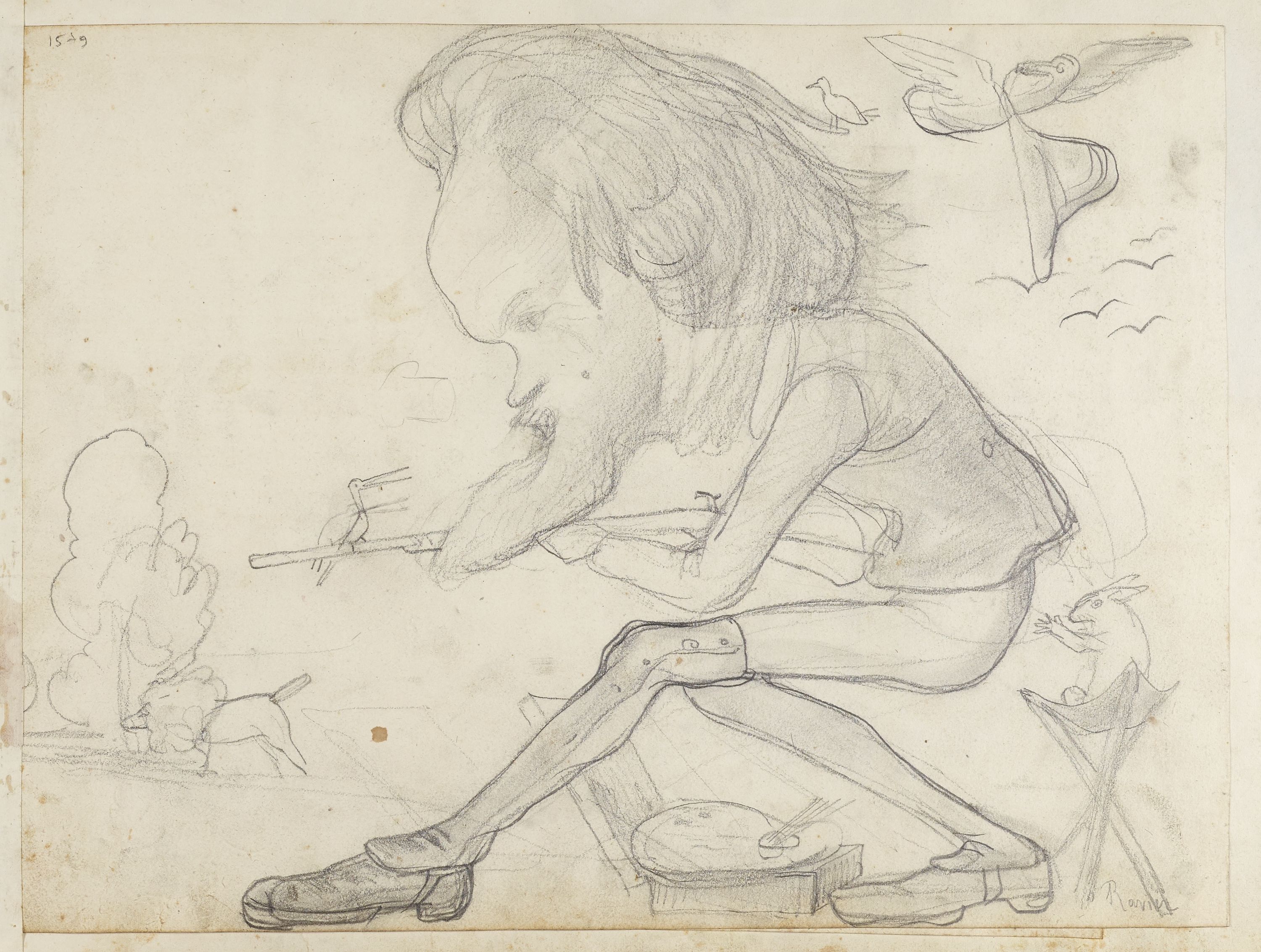 Anonyme, Portrait-charge d'un "chasseur" entouré de divers animaux (Ravier)
