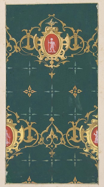 Jules-Edmond-Charles Lachaise, Design for wallpaper featuring rinceaux and carouches framing figures