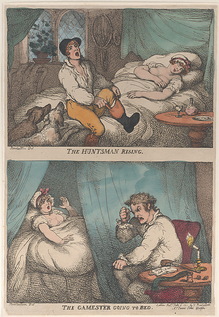 Thomas Rowlandson, The Huntsman Rising; The Gamester Going to Bed