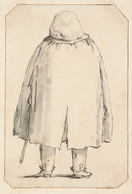 Giovanni Battista Tiepolo, Caricature of a Man in a Voluminous Cloak, Carrying a Walking Stick, Seen from Behind