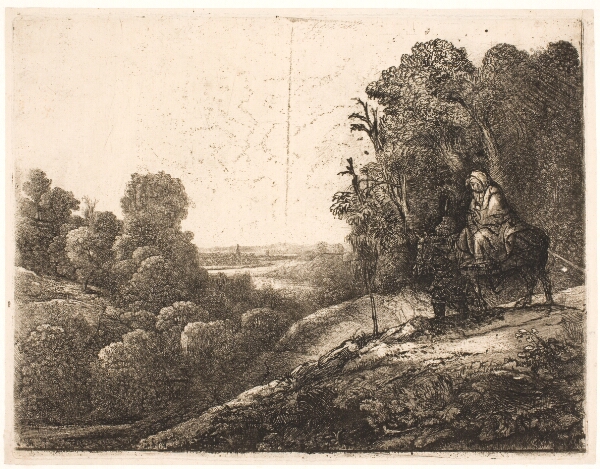 Rembrandt van Rijn, Flugten til Egypten. Pladen oprindelig af Hercules Segers med Tobias og englen