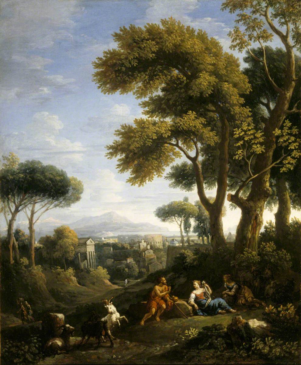 Jan Frans van Bloemen, A Classical Landscape with a Traveller and Two Women Conversing and Three Goats Gambolling