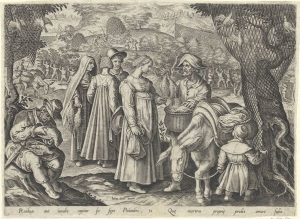 Galle, Philippe, (1537-1612), (printmaker), The hunting parties: The hunt and sale of wood pigeons