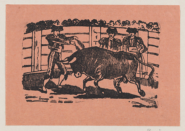 José Guadalupe Posada, A torero placing banderillas into the bull's shoulders while two men stand behind the bull