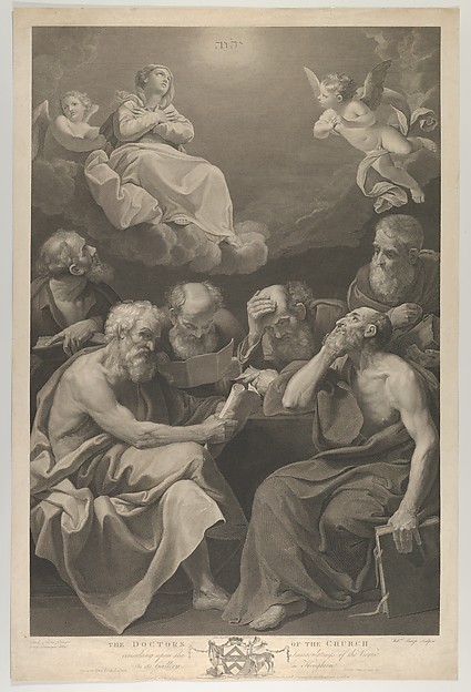 William Sharp, The doctors of the church consulting books and documents and contemplating the Virgin who is shown above in heaven, flanked by angels, after Reni