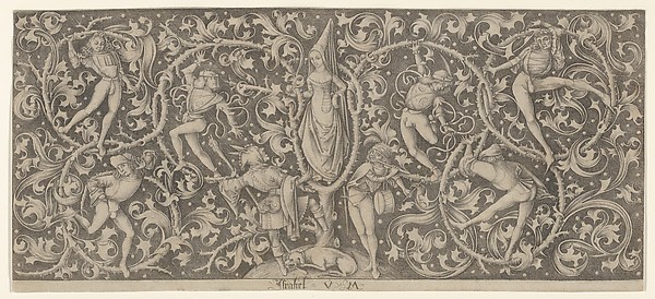 Israhel van Meckenem, Panel of Ornament with Dance of Lovers