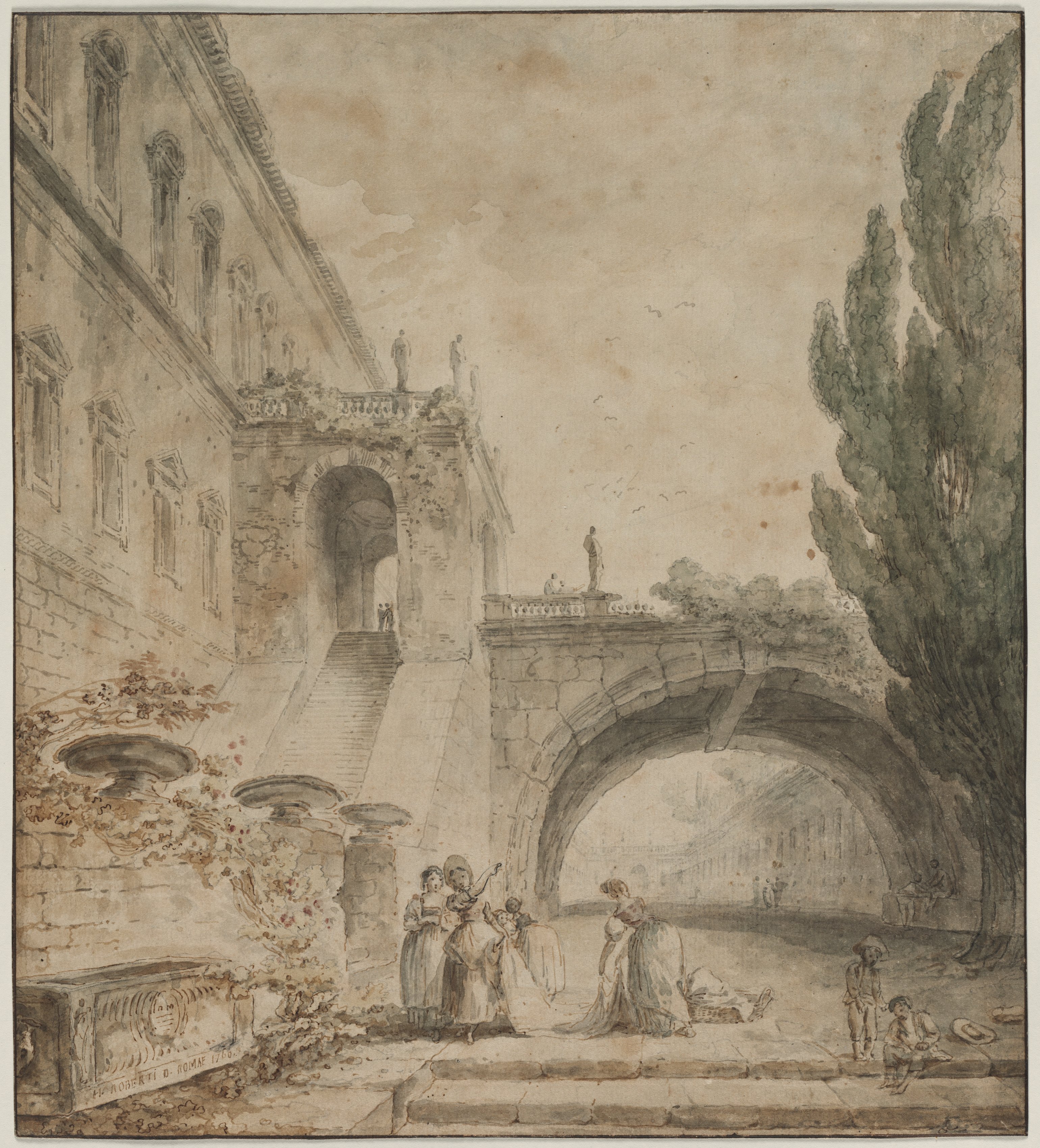 Hubert Robert, A Palace with an Arched Bridge (A Roman Villa)