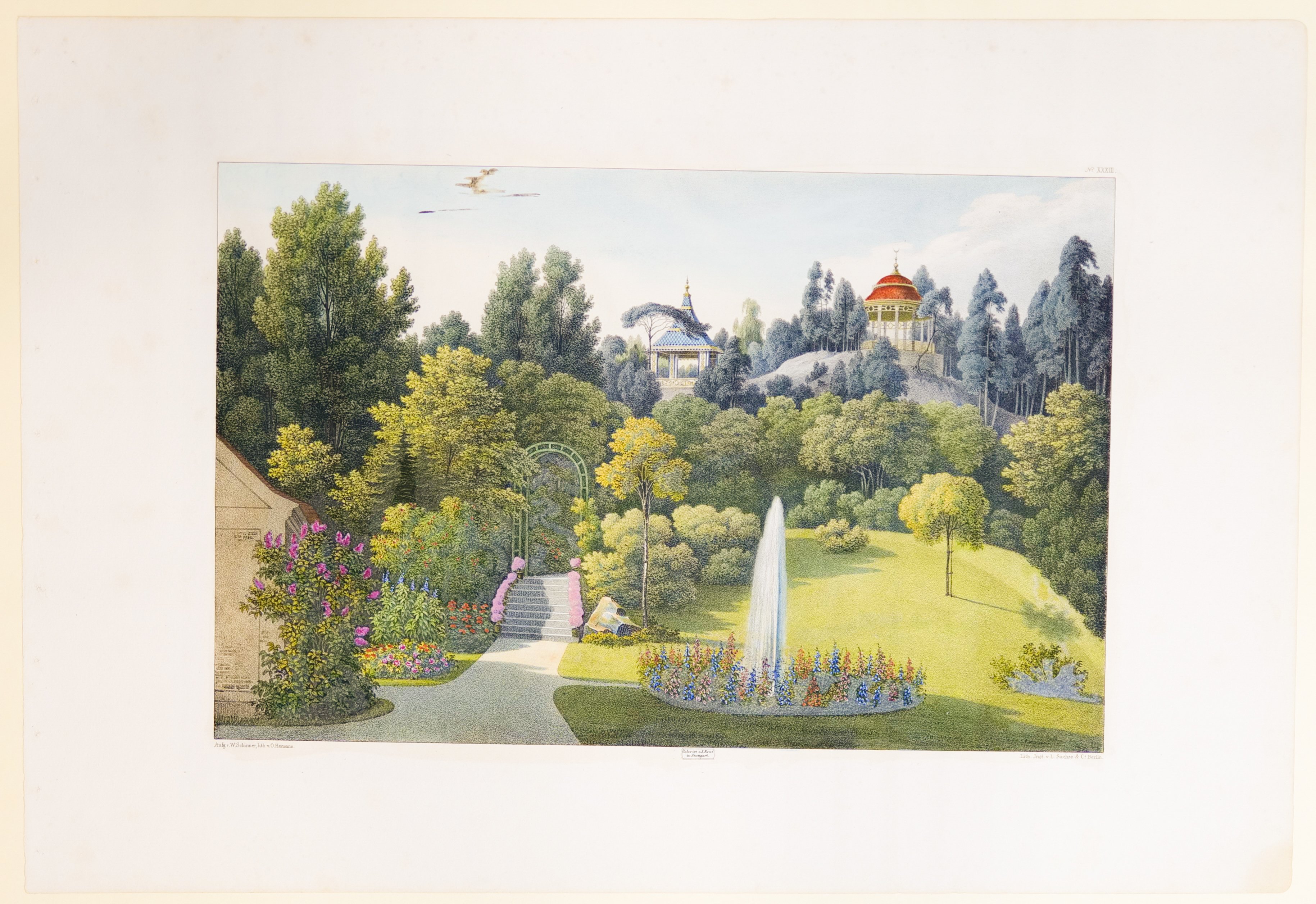 Hans Otto Hermann (Lithograf), Pleasureground am Bad, fast im Geschmack eines orientalischen Gartens, Tafel XXXIII der "Andeutungen über Landschaftsgärtnerei"