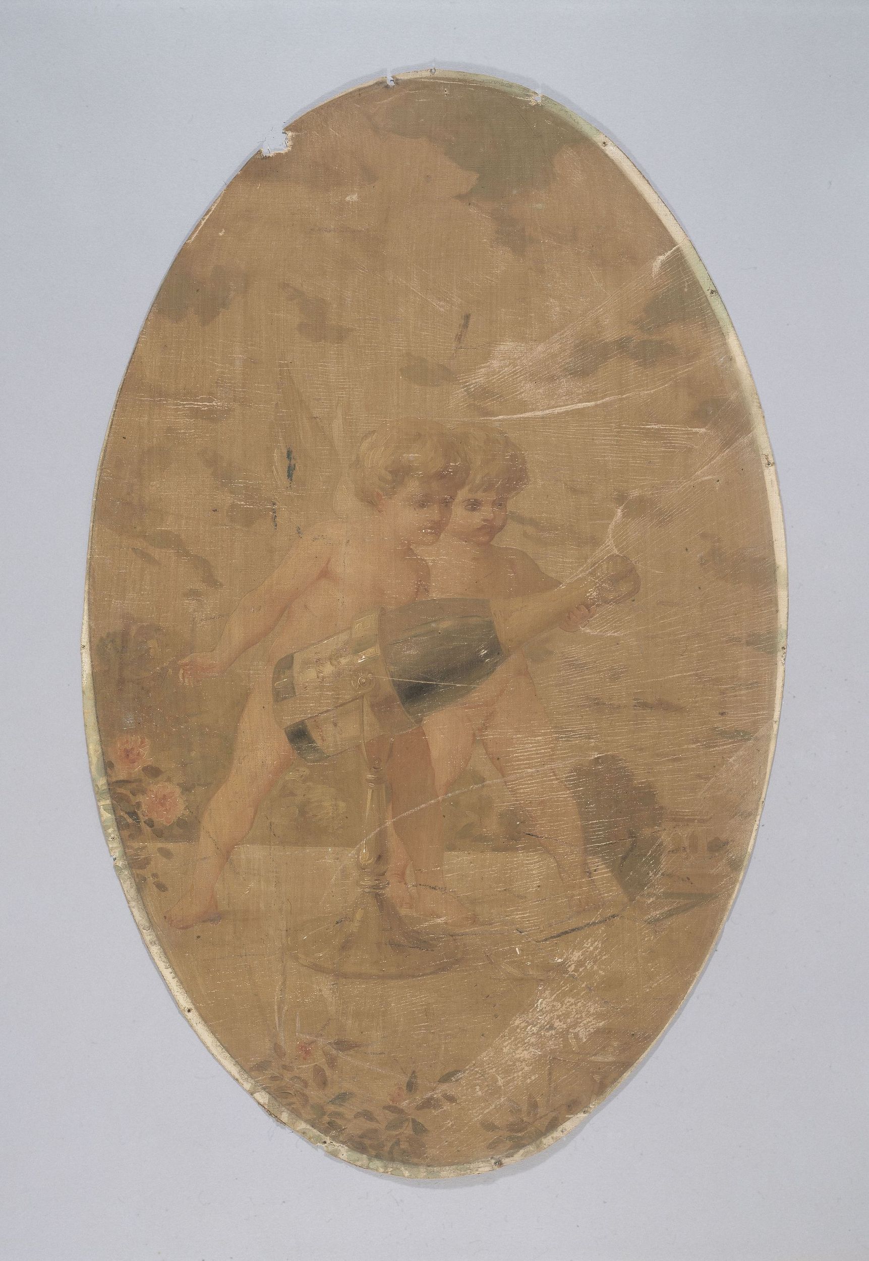 Anonyme, Deux amours débouchant une bouteille de champagne. Peinture décorative pour le Café de Paris.