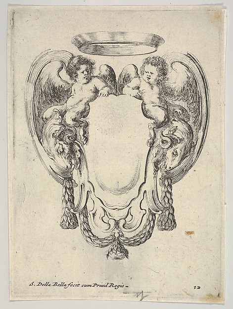 Stefano della Bella, A cartouche flanked by two winged infant satyrs riding on the heads of two rams, plate 12 from "Nouvelles inventions de Cartouches"
