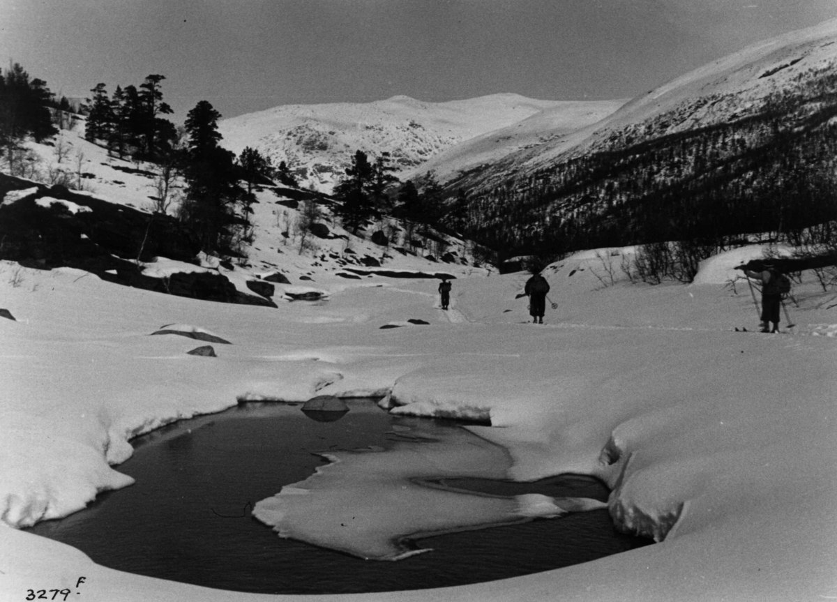 Anders Beer Wilse, Skiløper ved Visdalen i Jotunheimen. Snøsmelting med vann som kommer fram.