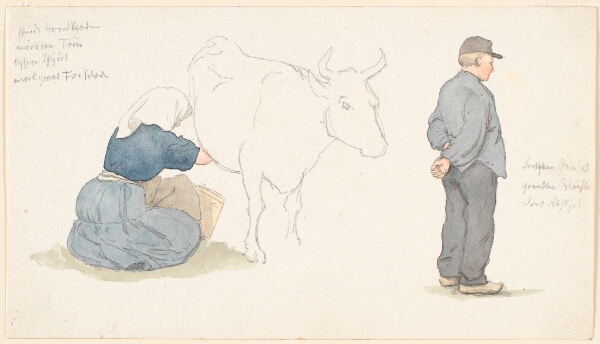 P.C. Skovgaard, Studieblad med pige, der malker en ko, t.h. stående bonde.