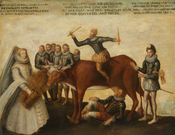anonymous, The Dairy Cow: The Dutch Provinces, Revolting against the Spanish King Philip II, Are Led by Prince William of Orange, The States General Entreat Queen Elizabeth I for Aid